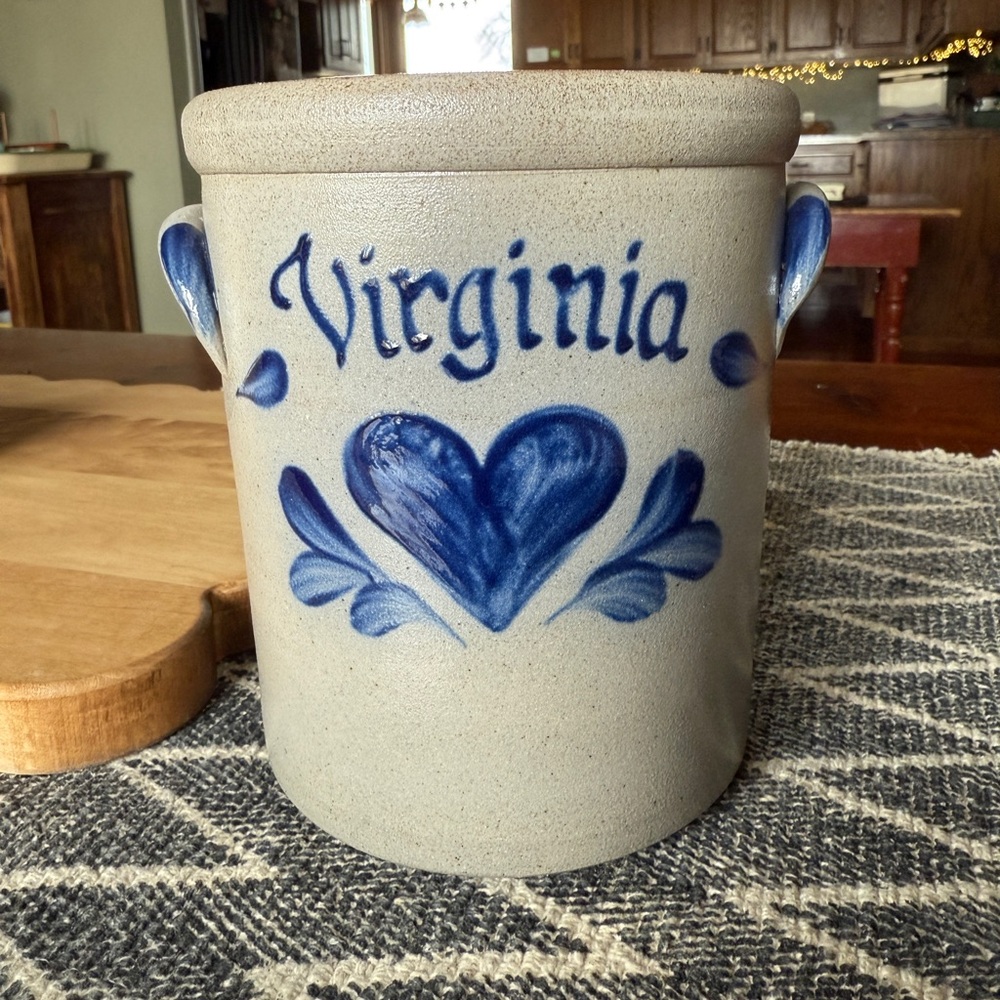 Rowe Pottery Works Blue and Gray Virginia Stoneware Crock